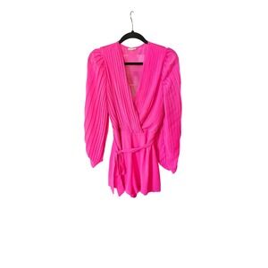 The Sang Pink Pleated Wrap Romper L Long Sleeve V Neck Belted Casual Party‎